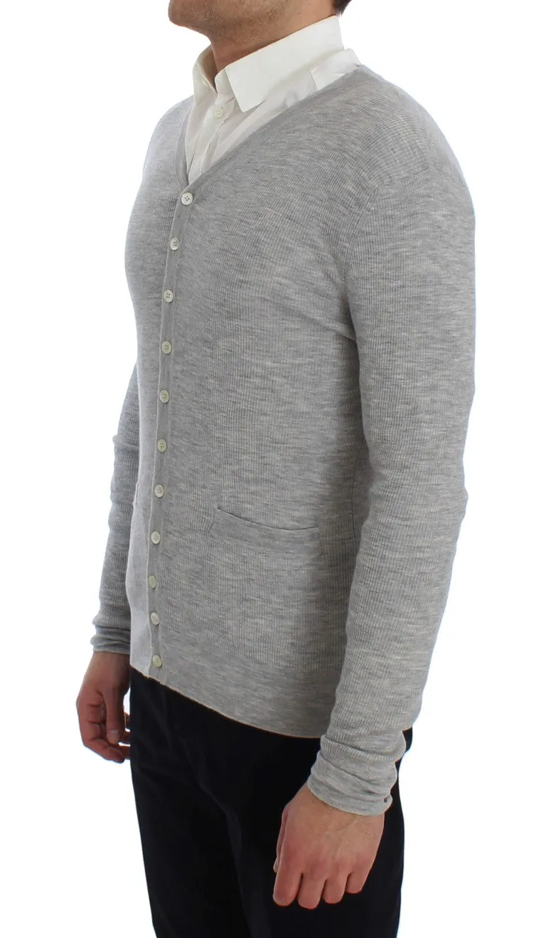 Gray Cashmere Ribbed Cardigan Sweater