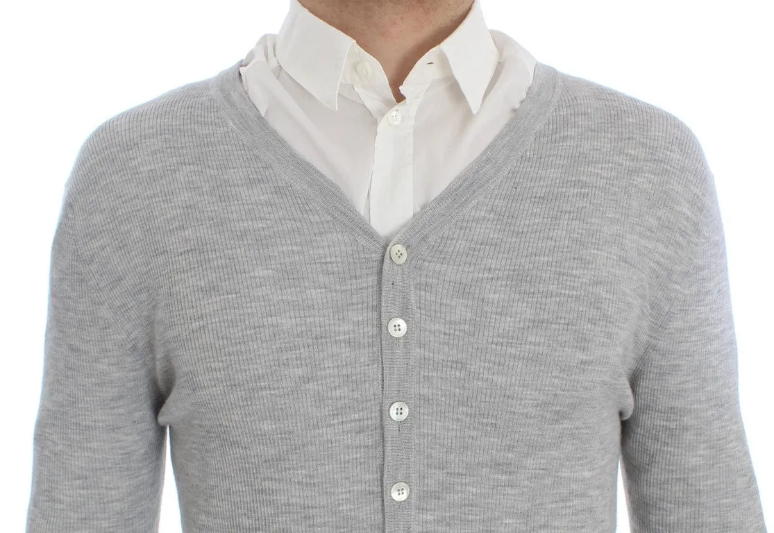 Gray Cashmere Ribbed Cardigan Sweater
