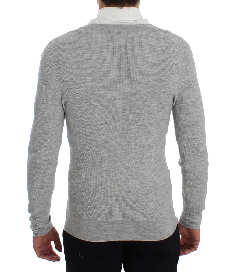 Gray Cashmere Ribbed Cardigan Sweater