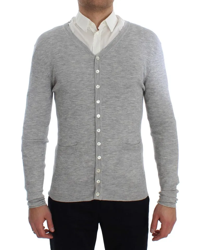 Gray Cashmere Ribbed Cardigan Sweater