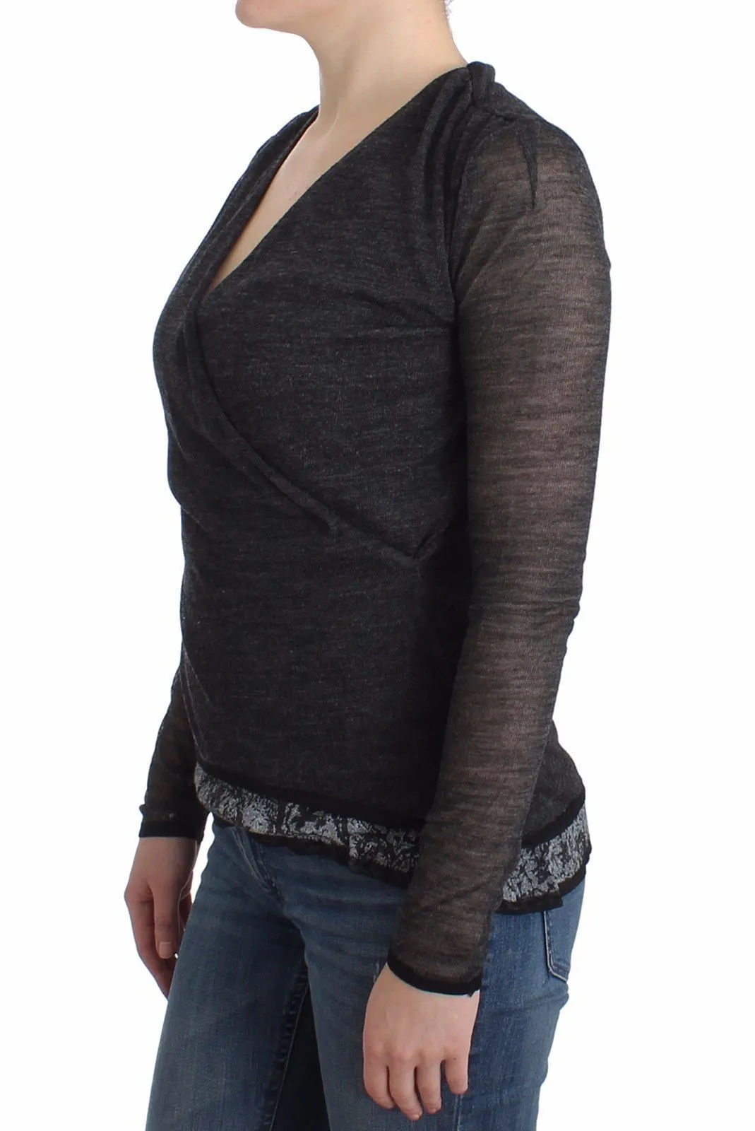 Gray Wool Blend Stretch Long Sleeve Sweater