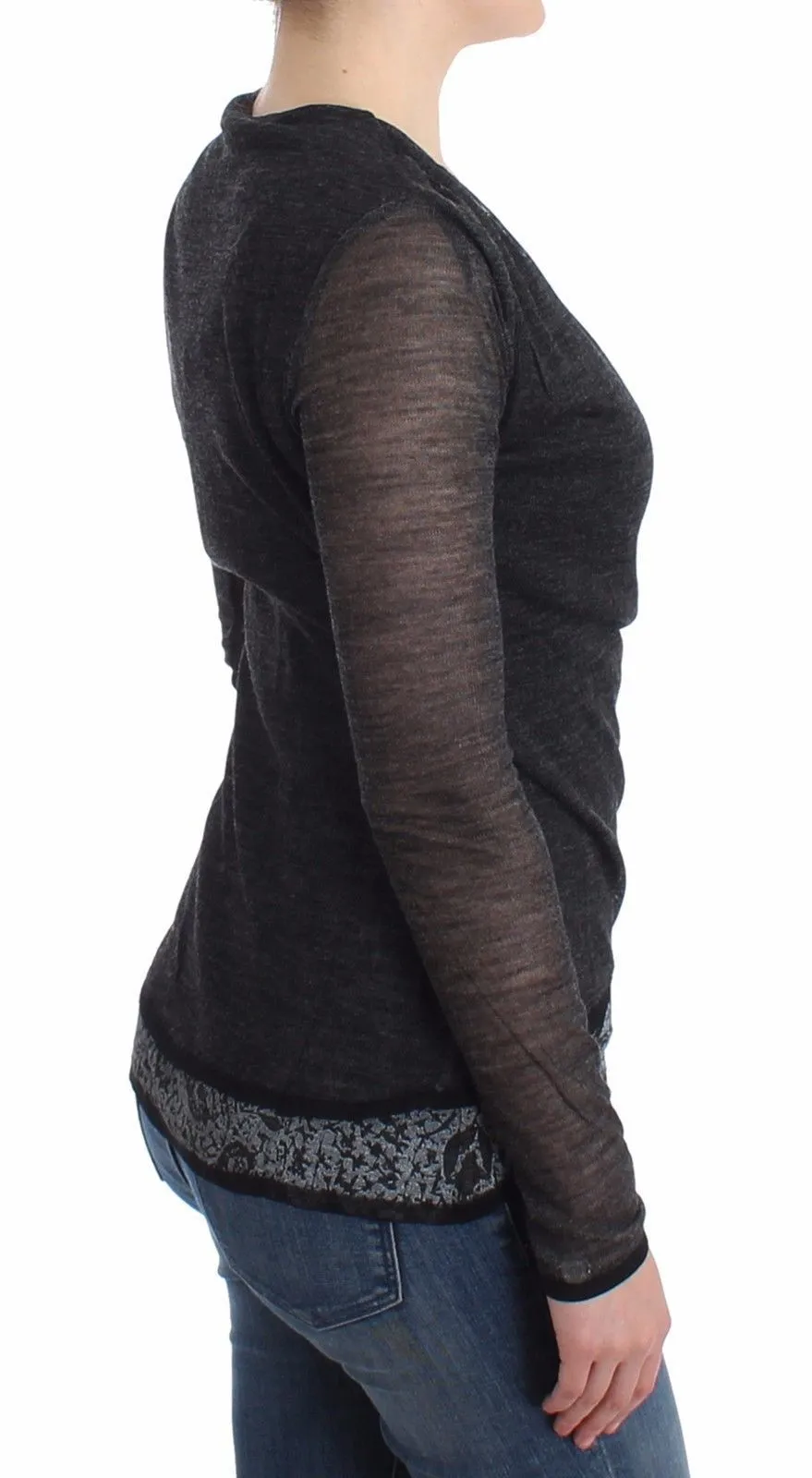 Gray Wool Blend Stretch Long Sleeve Sweater