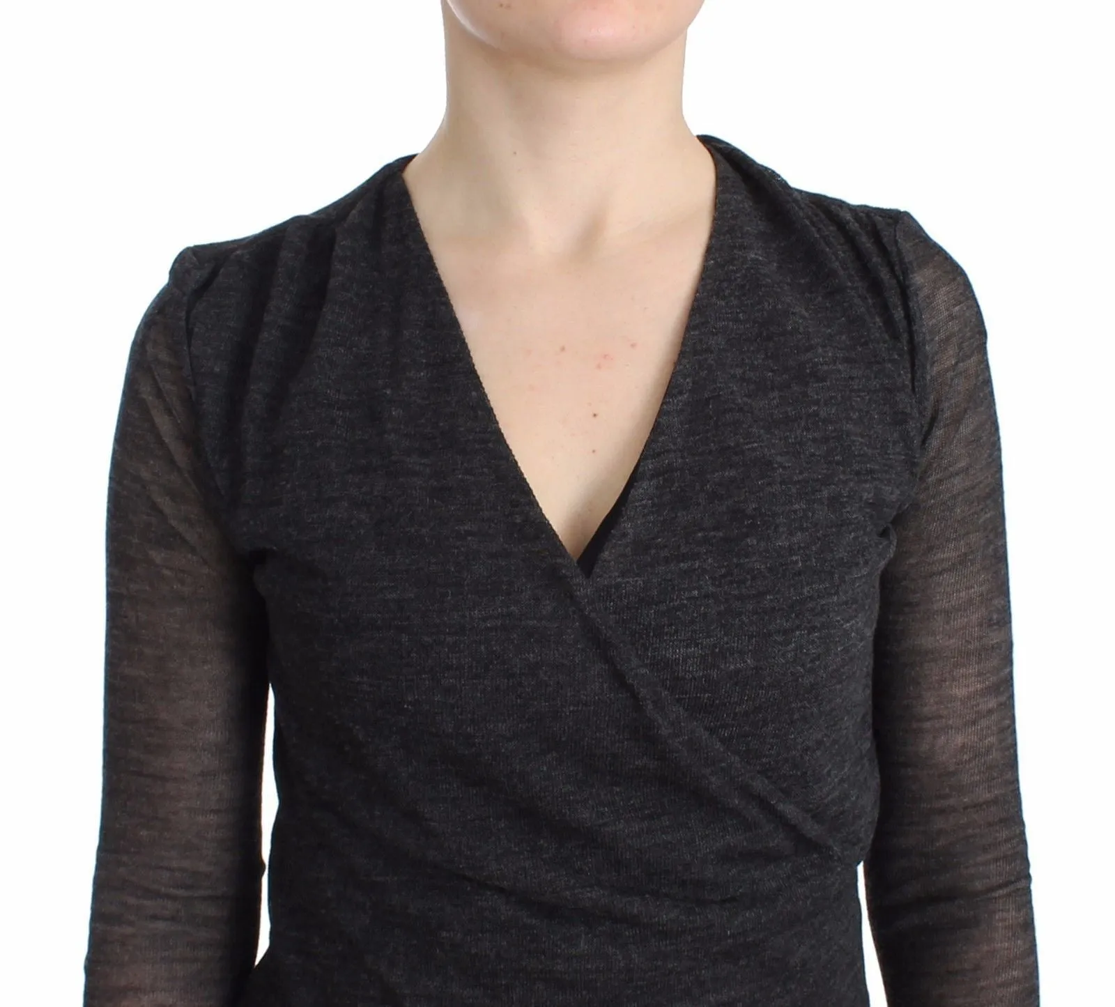Gray Wool Blend Stretch Long Sleeve Sweater