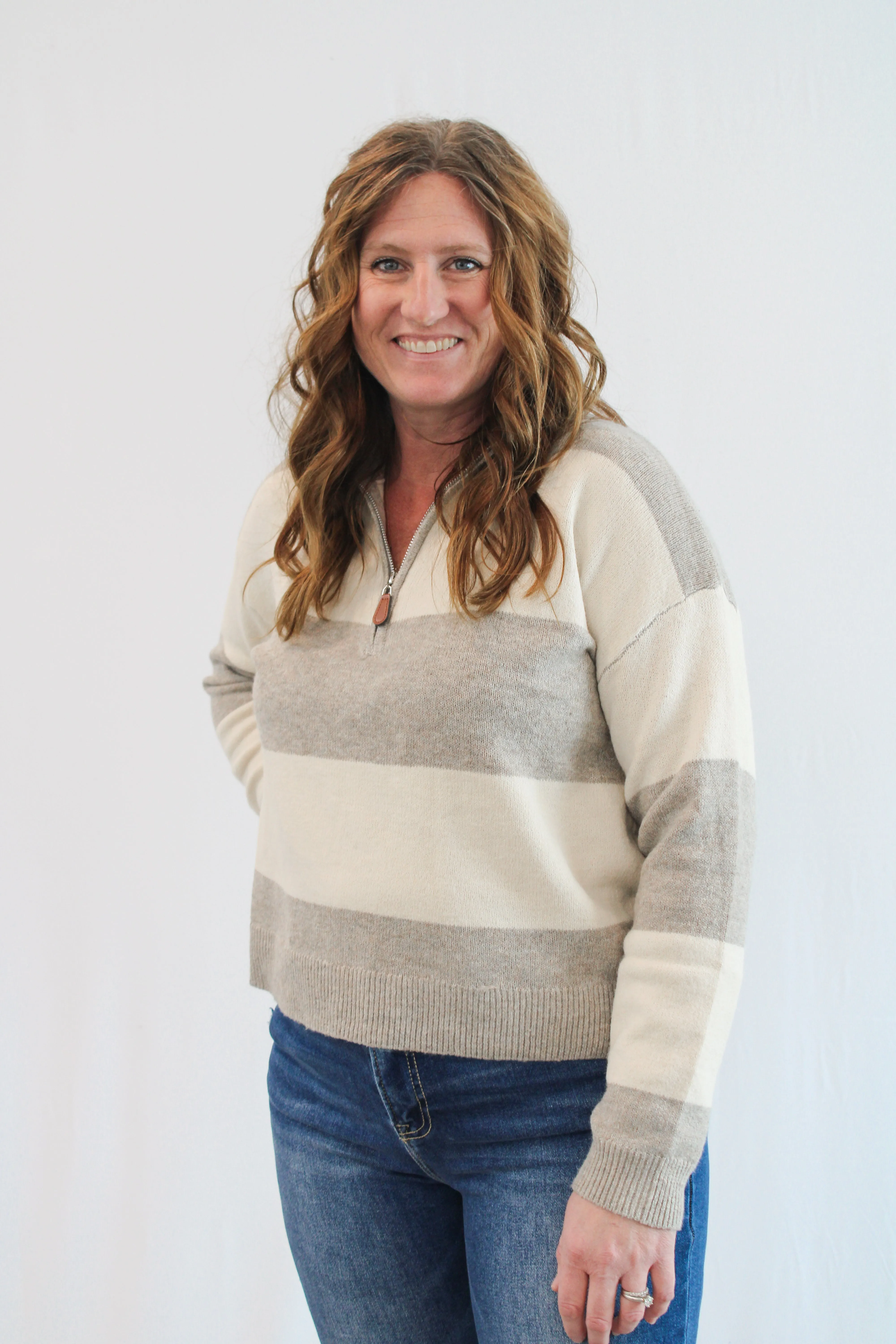 HENNA STRIPED HALF-ZIP SWEATER