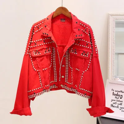 Jacket Women 2019 Autumn Hand Rivet Studded Denim Jacket Loose Outwear Female New Students Casual Short Jeans Coats