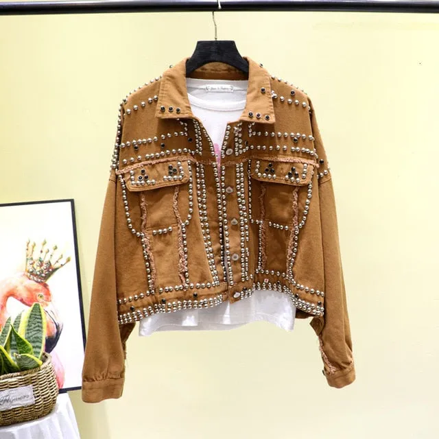 Jacket Women 2019 Autumn Hand Rivet Studded Denim Jacket Loose Outwear Female New Students Casual Short Jeans Coats