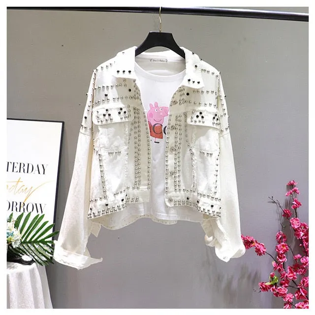 Jacket Women 2019 Autumn Hand Rivet Studded Denim Jacket Loose Outwear Female New Students Casual Short Jeans Coats