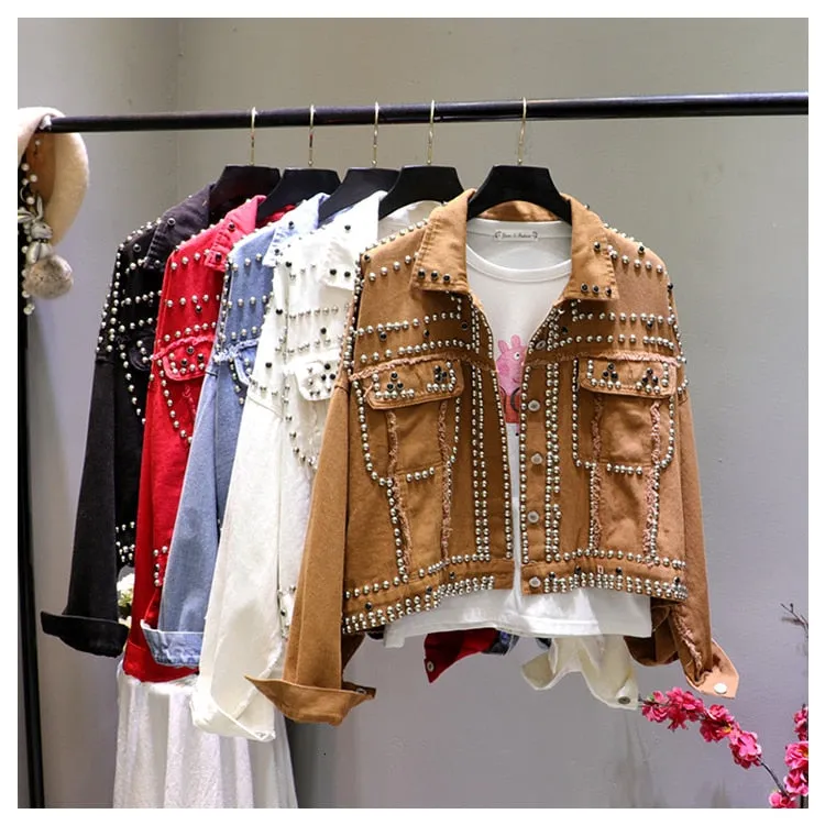 Jacket Women 2019 Autumn Hand Rivet Studded Denim Jacket Loose Outwear Female New Students Casual Short Jeans Coats