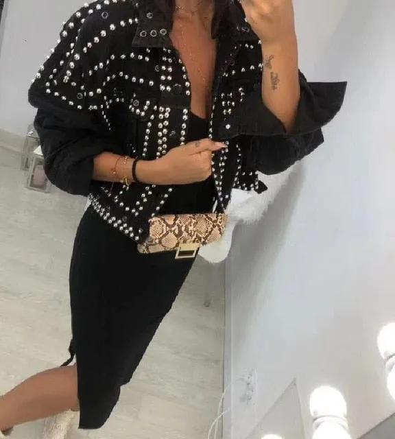 Jacket Women 2019 Autumn Hand Rivet Studded Denim Jacket Loose Outwear Female New Students Casual Short Jeans Coats