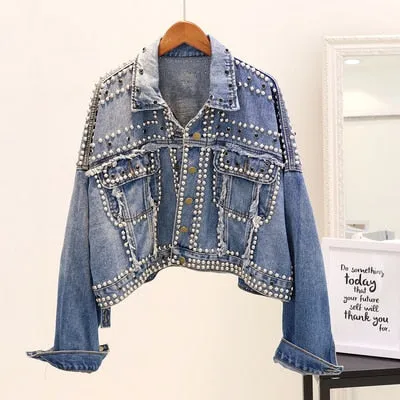 Jacket Women 2019 Autumn Hand Rivet Studded Denim Jacket Loose Outwear Female New Students Casual Short Jeans Coats