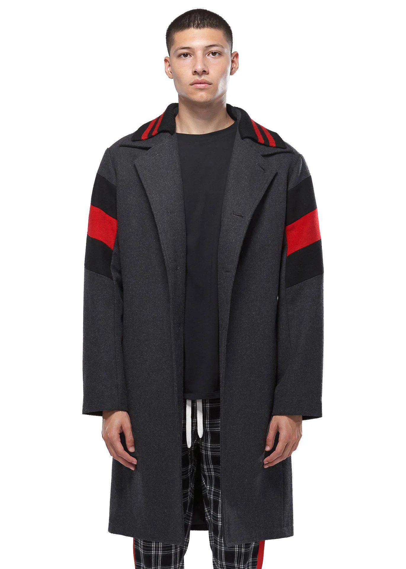Konus Men's Wool Blend Long Coat with Contrast Stripes in Charcoal