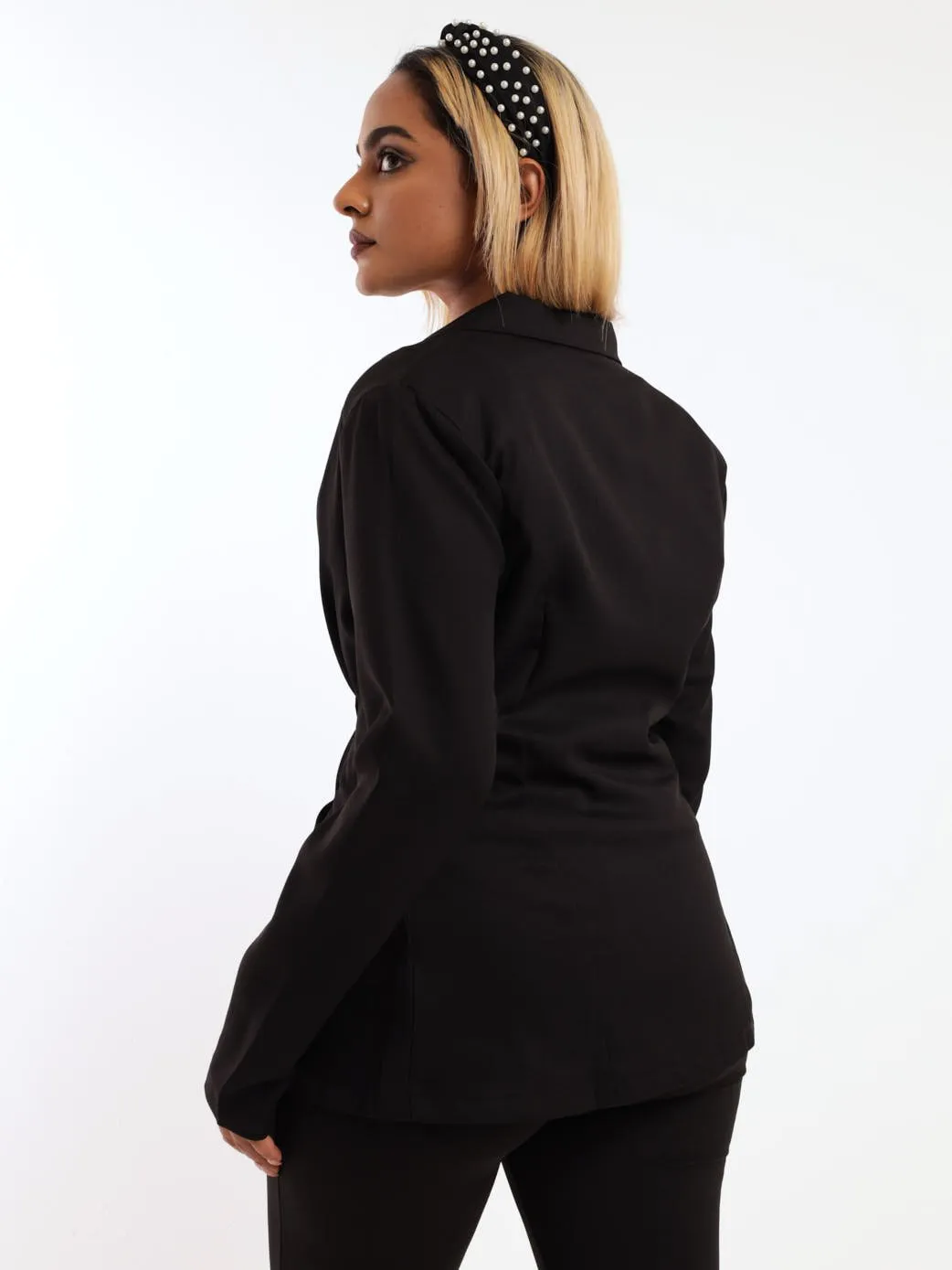Ladies Double Breasted Pleat Detail Blazer - Black