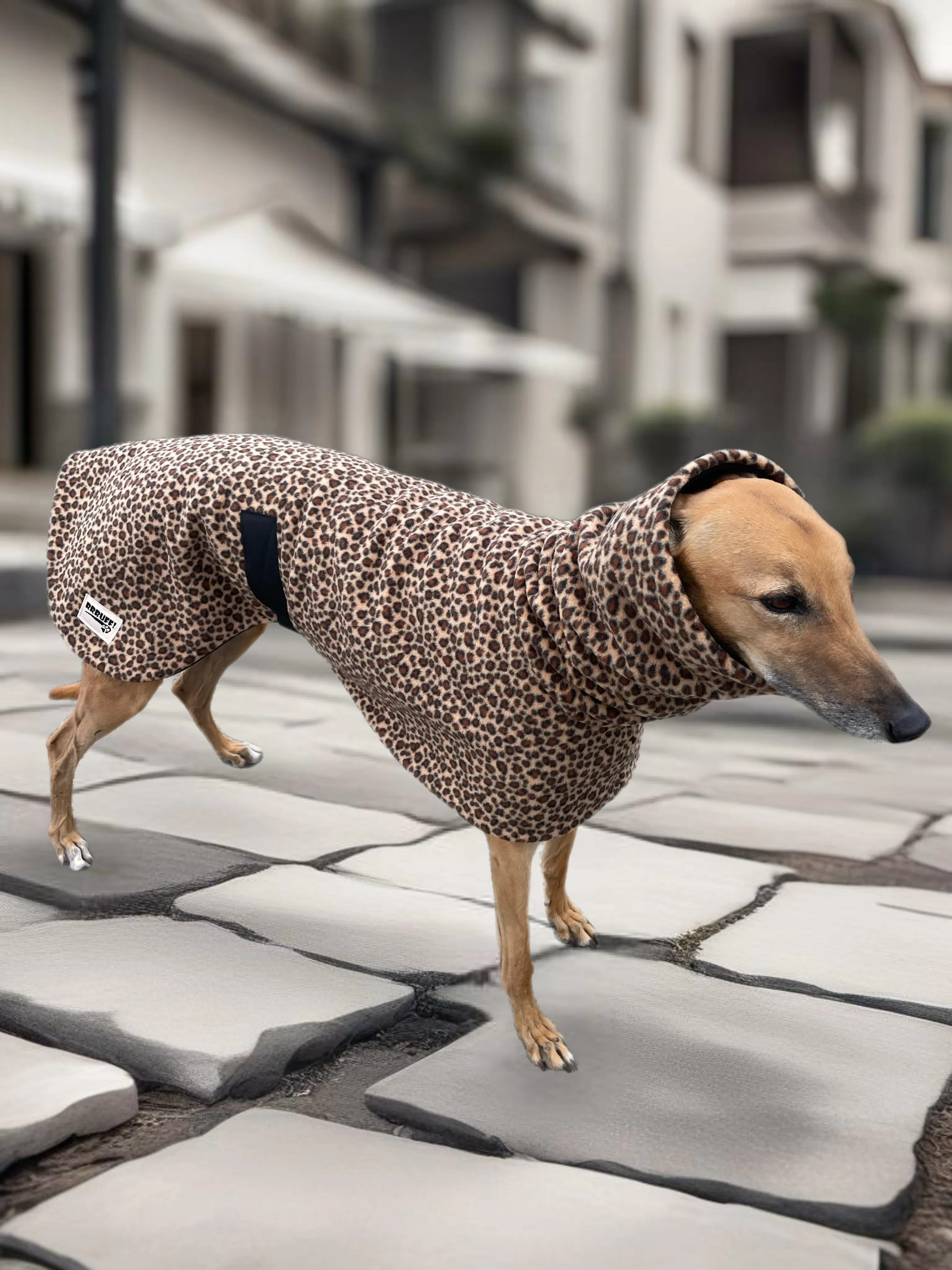 Leopard print Greyhound Deluxe Dog coat dog rug, extra thick double polar fleece black washable extra wide hoodie
