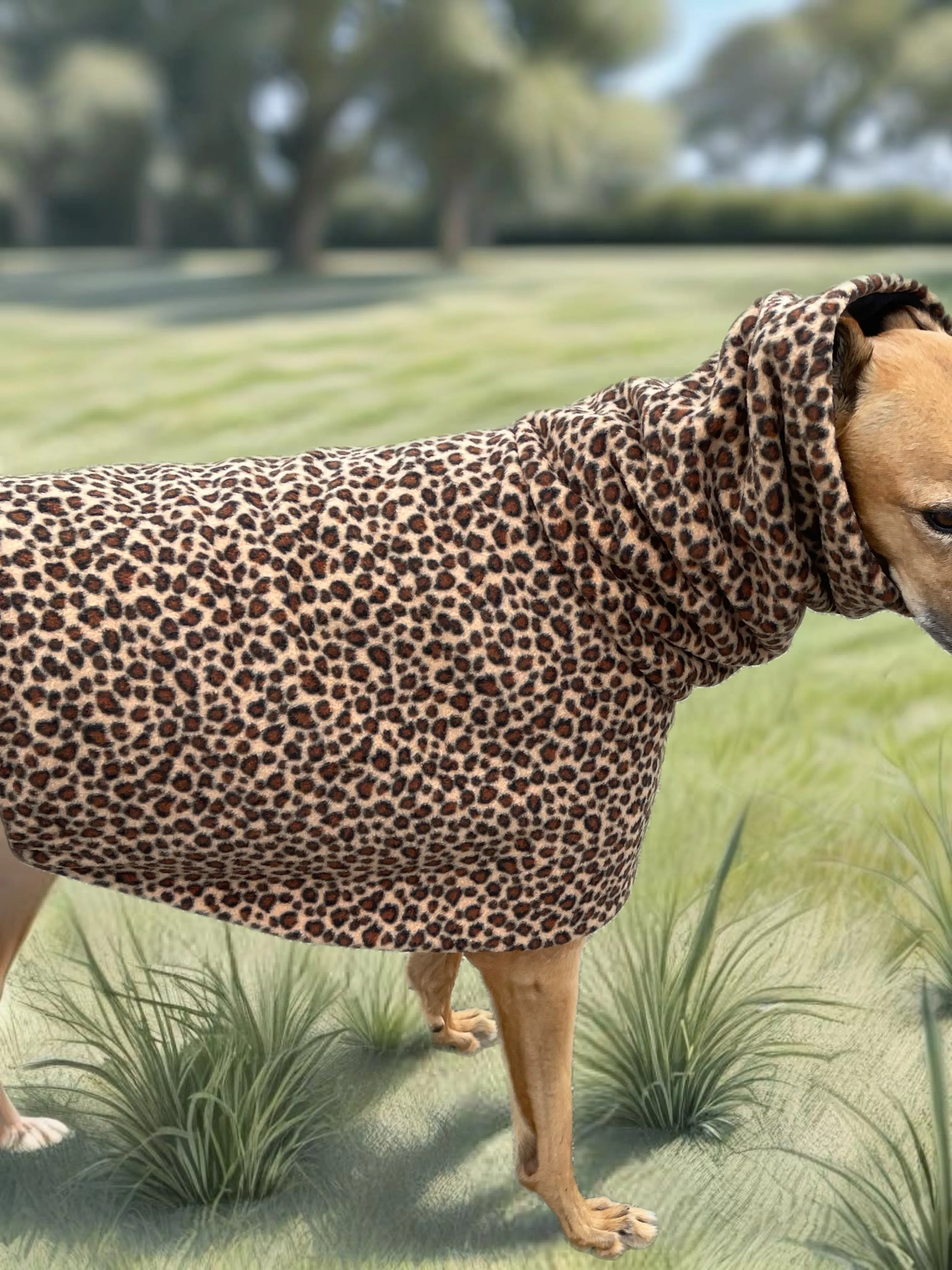 Leopard print Greyhound Deluxe Dog coat dog rug, extra thick double polar fleece black washable extra wide hoodie