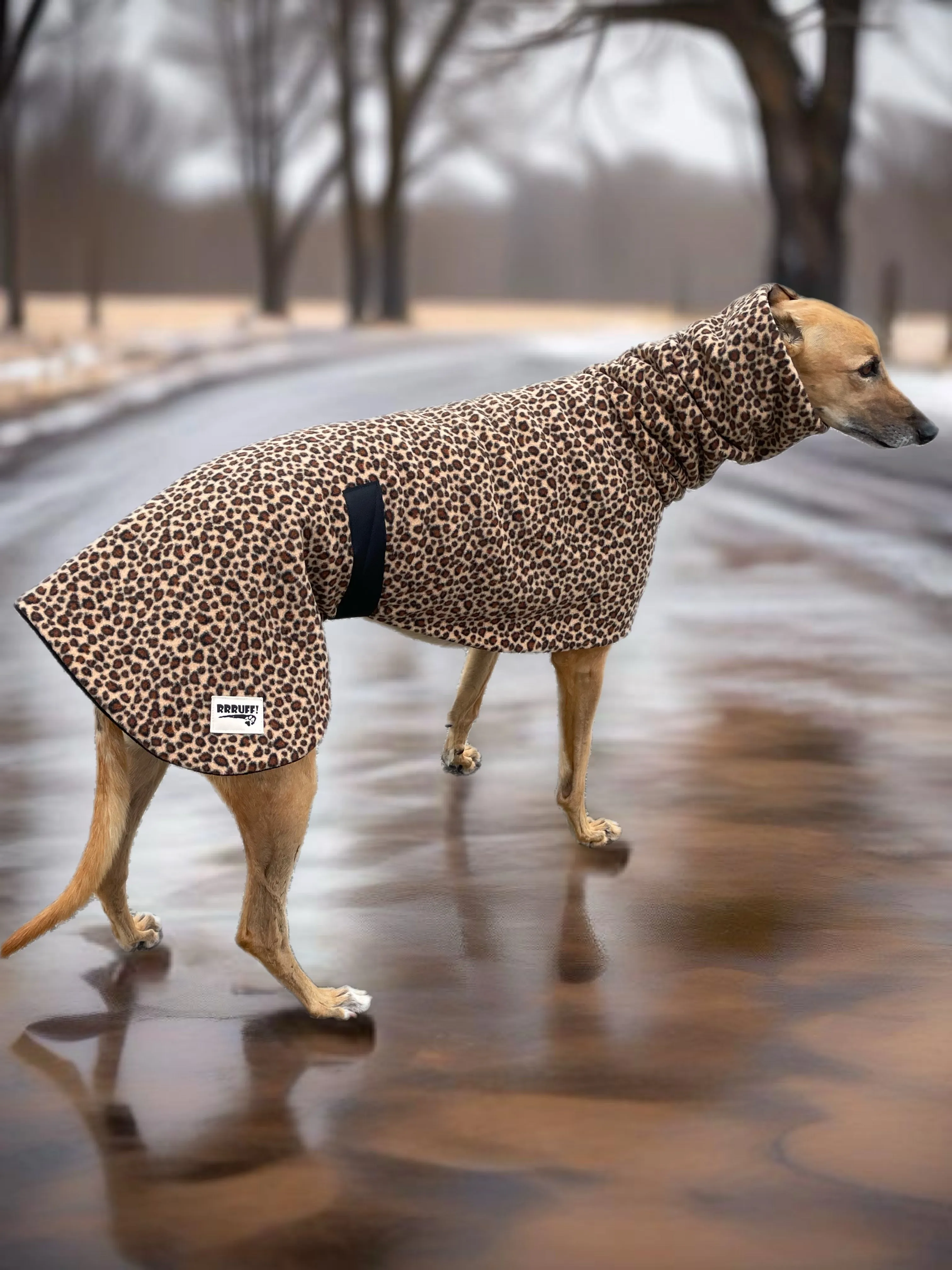 Leopard print Greyhound Deluxe Dog coat dog rug, extra thick double polar fleece black washable extra wide hoodie