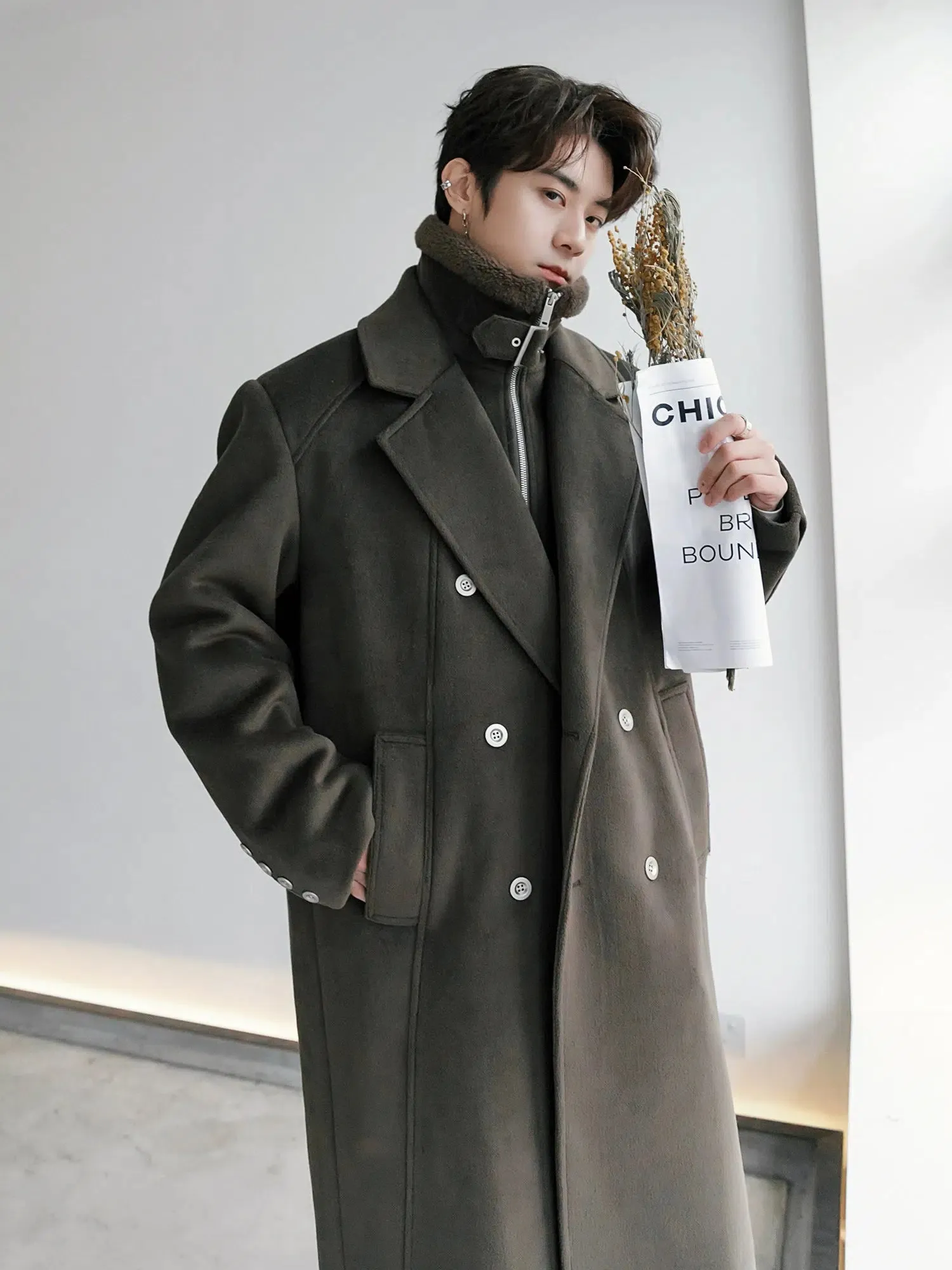 Long Double-Breasted Woolen Coat