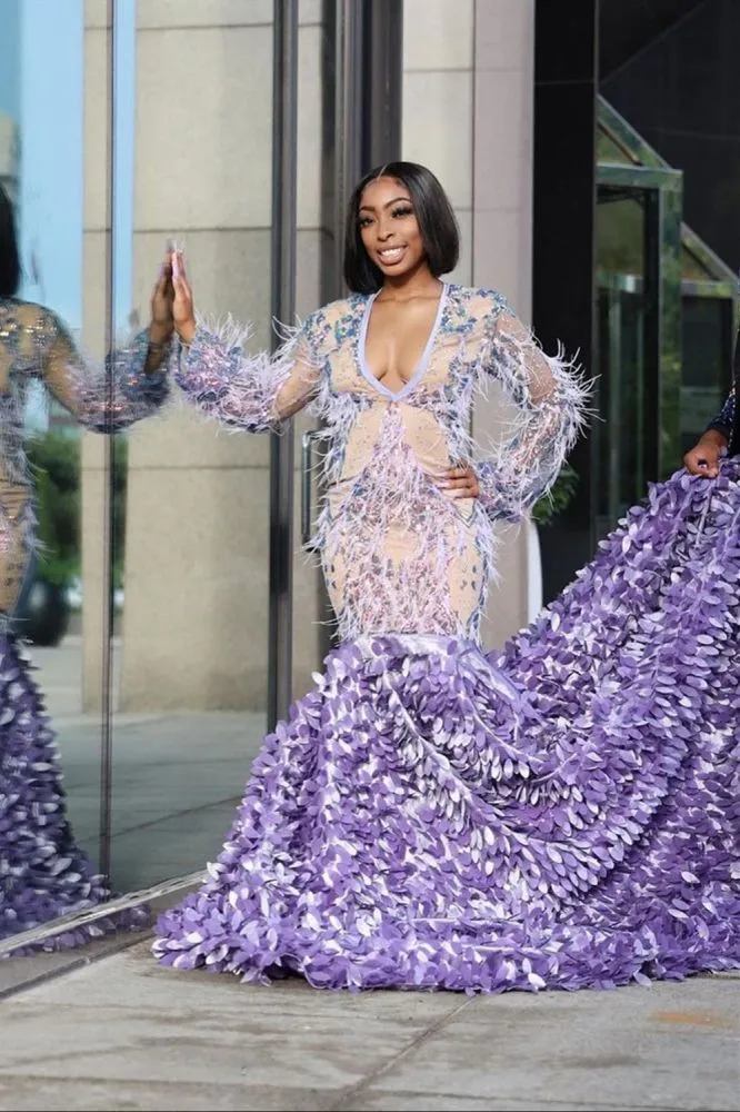 Long Sleeves Mermaid Evening Gowns Floral Pattern Sweep Train