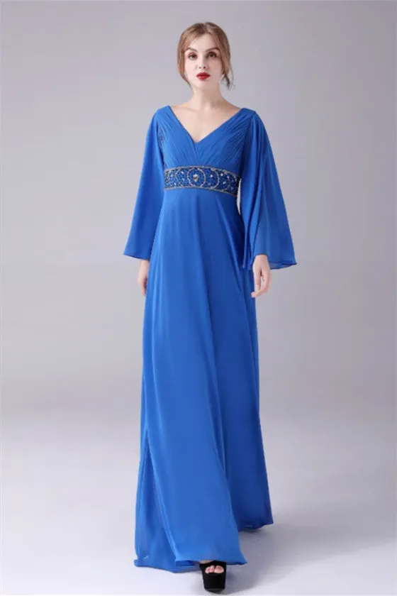 Long sleeves V-neck Ankle-length Backless beading mother's dress
