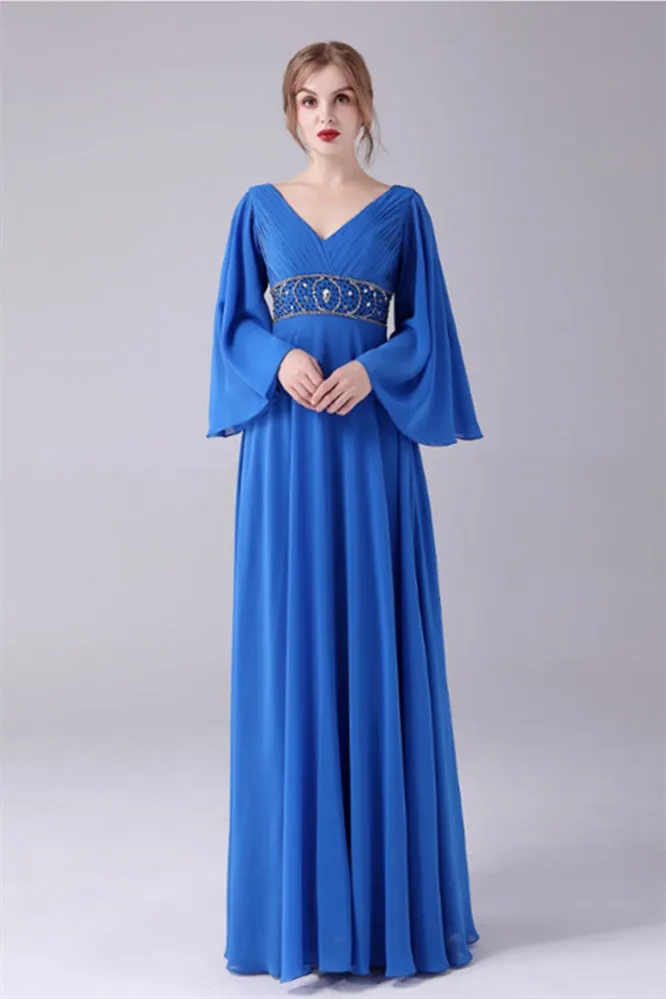 Long sleeves V-neck Ankle-length Backless beading mother's dress