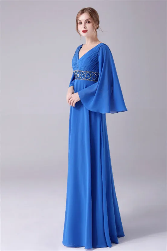 Long sleeves V-neck Ankle-length Backless beading mother's dress