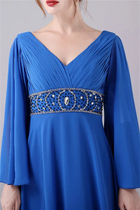 Long sleeves V-neck Ankle-length Backless beading mother's dress