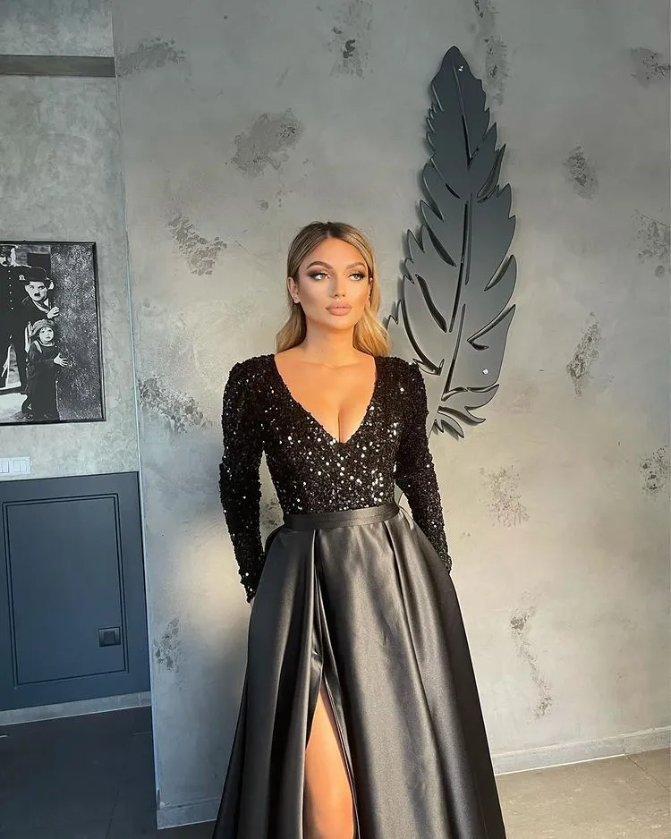 Long Sleeves V-Neck Sequins Prom Dress Long With Slit Online