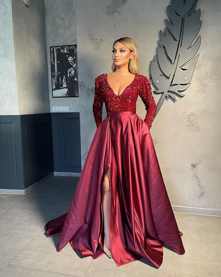 Long Sleeves V-Neck Sequins Prom Dress Long With Slit Online