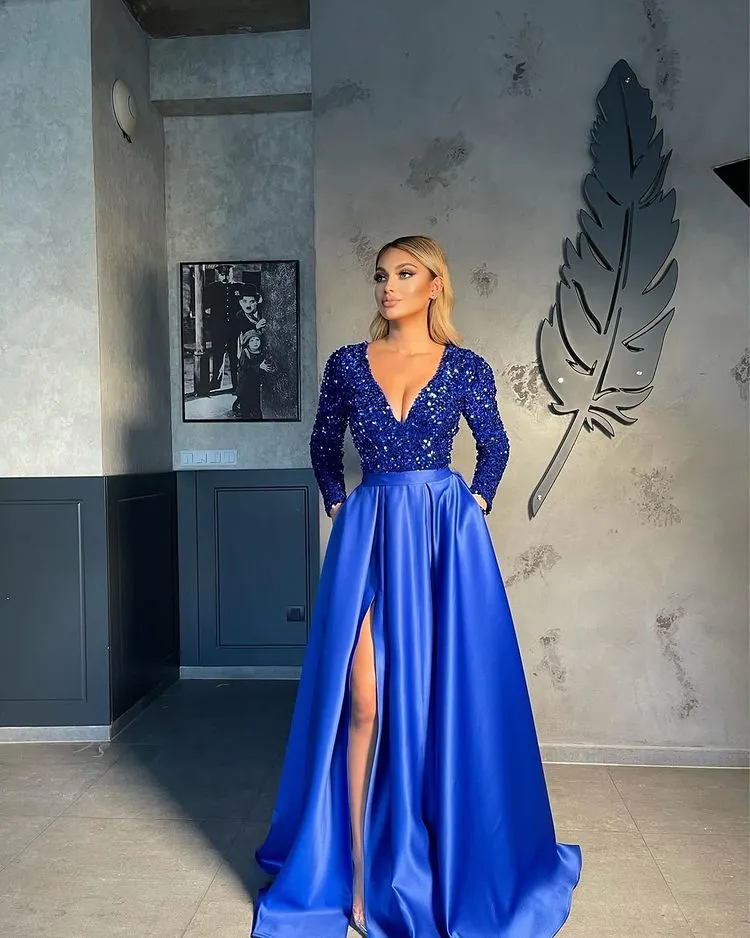 Long Sleeves V-Neck Sequins Prom Dress Long With Slit Online