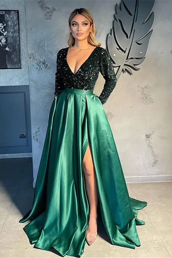 Long Sleeves V-Neck Sequins Prom Dress Long With Slit Online