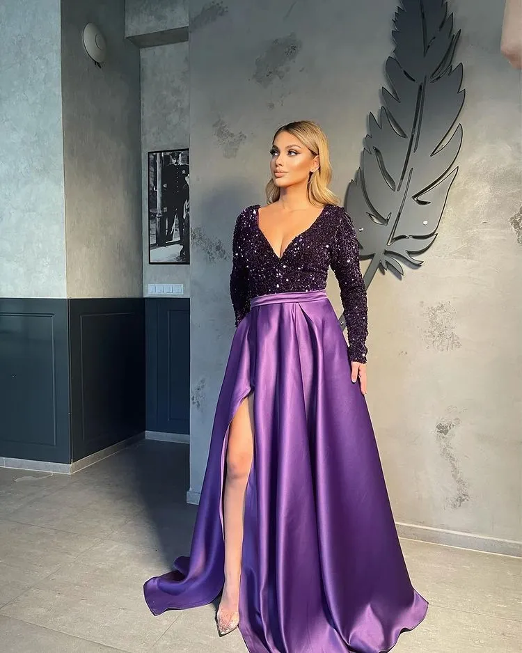Long Sleeves V-Neck Sequins Prom Dress Long With Slit Online