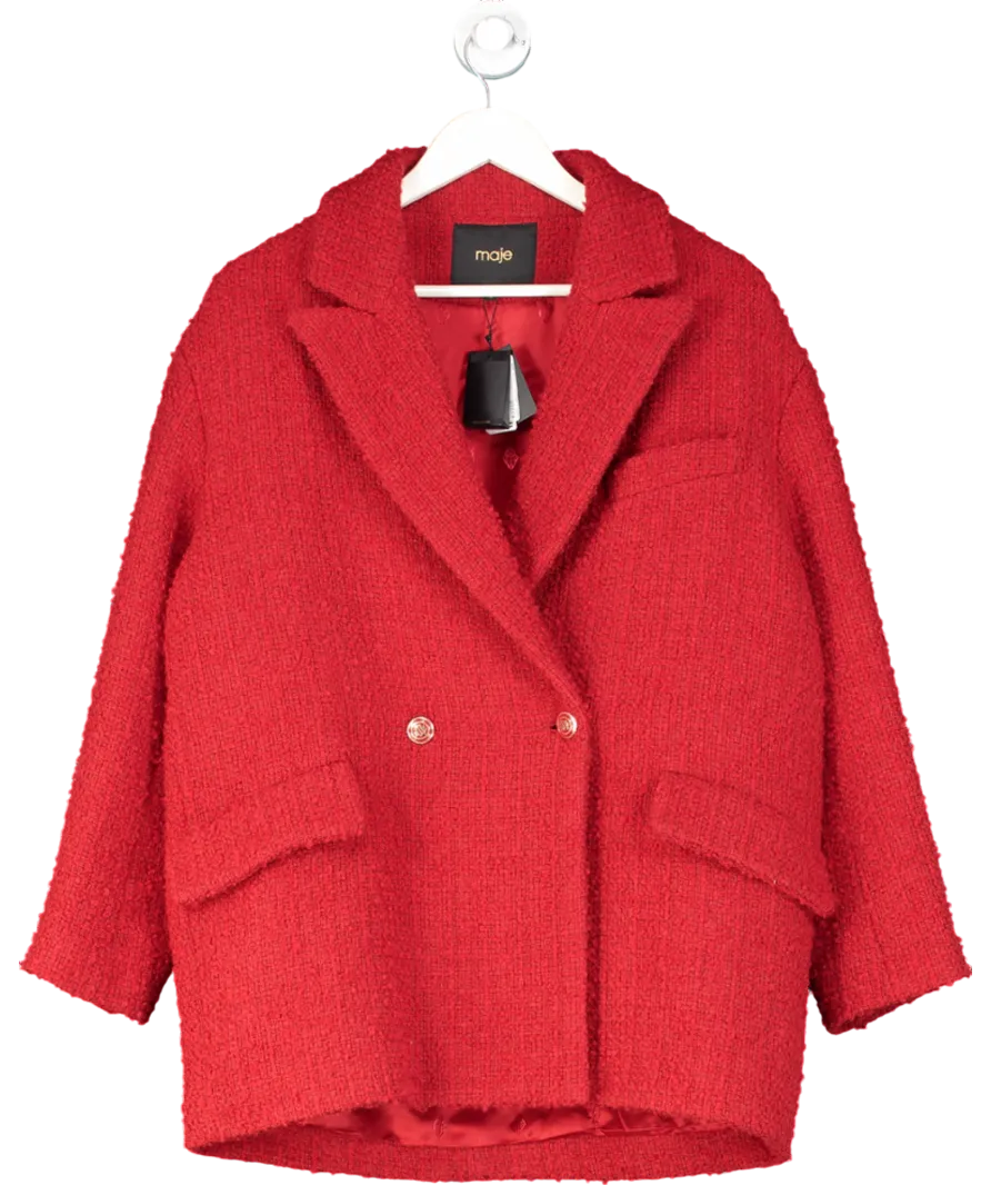 Maje Red Double Breasted Wool Blend Tweed Blazer UK 12