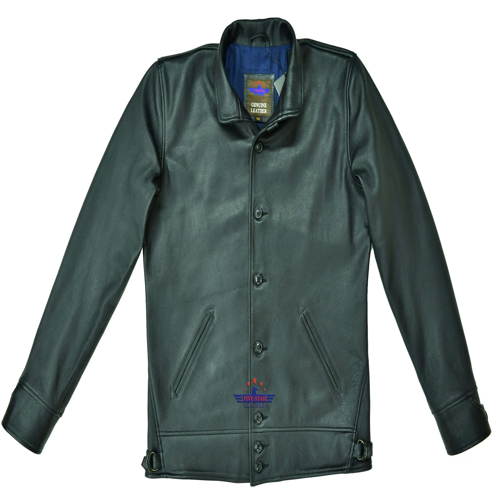 MEN REAL GOATSKIN BRAKEMAN COAT JACKET STANDUP SHAWL COLLAR VINTAGE FRONT BUTTON