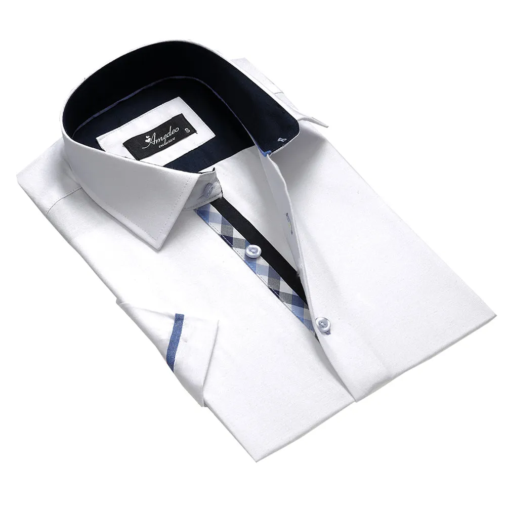 Men's Button down Tailor Fit Soft 100% Cotton Short Sleeve Dress Shirt Solid White Checkered casual And Formal