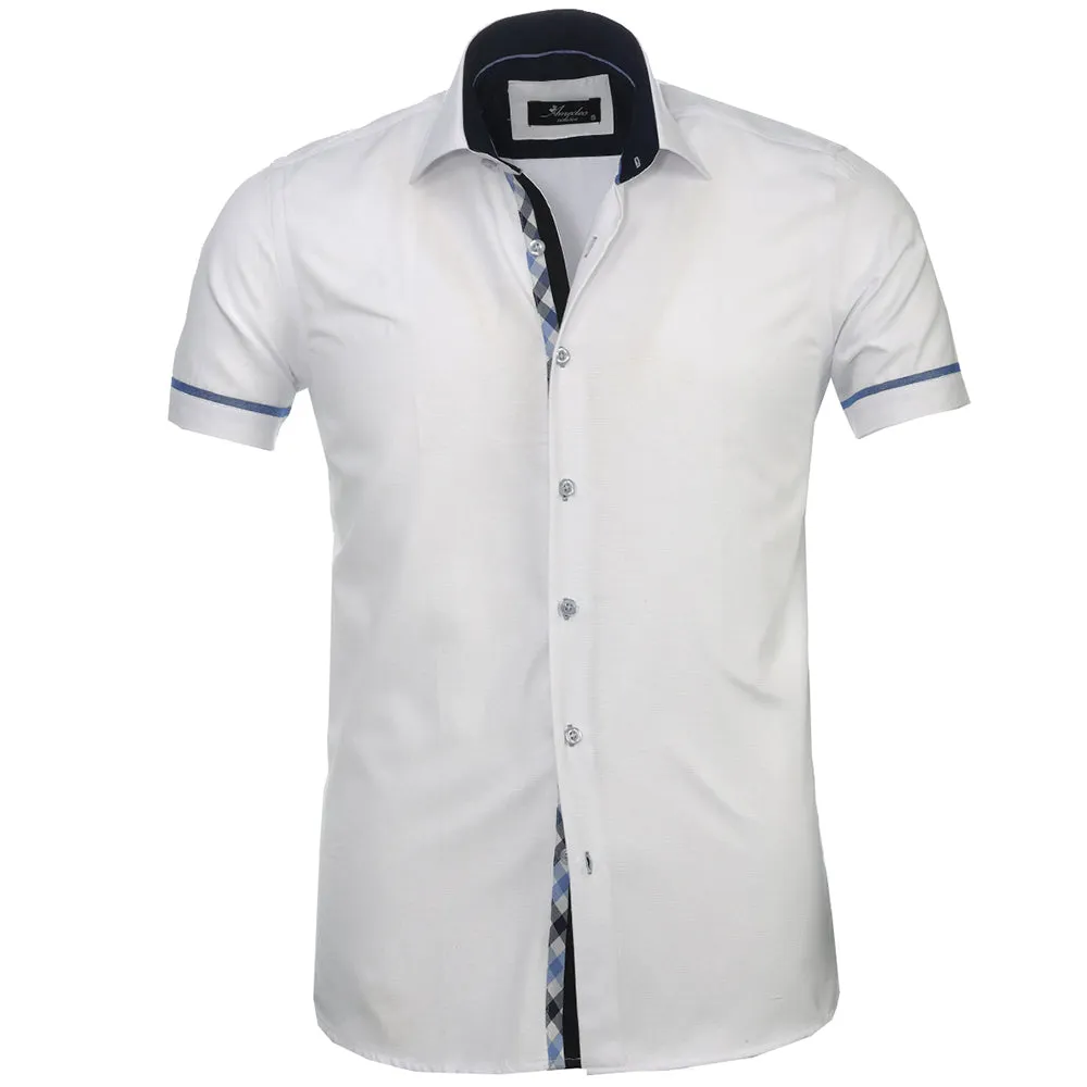 Men's Button down Tailor Fit Soft 100% Cotton Short Sleeve Dress Shirt Solid White Checkered casual And Formal