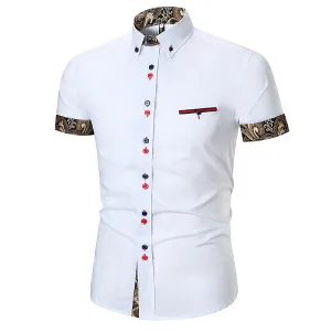 Men's Button down Tailor Fit Soft 100% Cotton Short Sleeve Dress Shirt White with Black Gold Paisley check casual And Formal