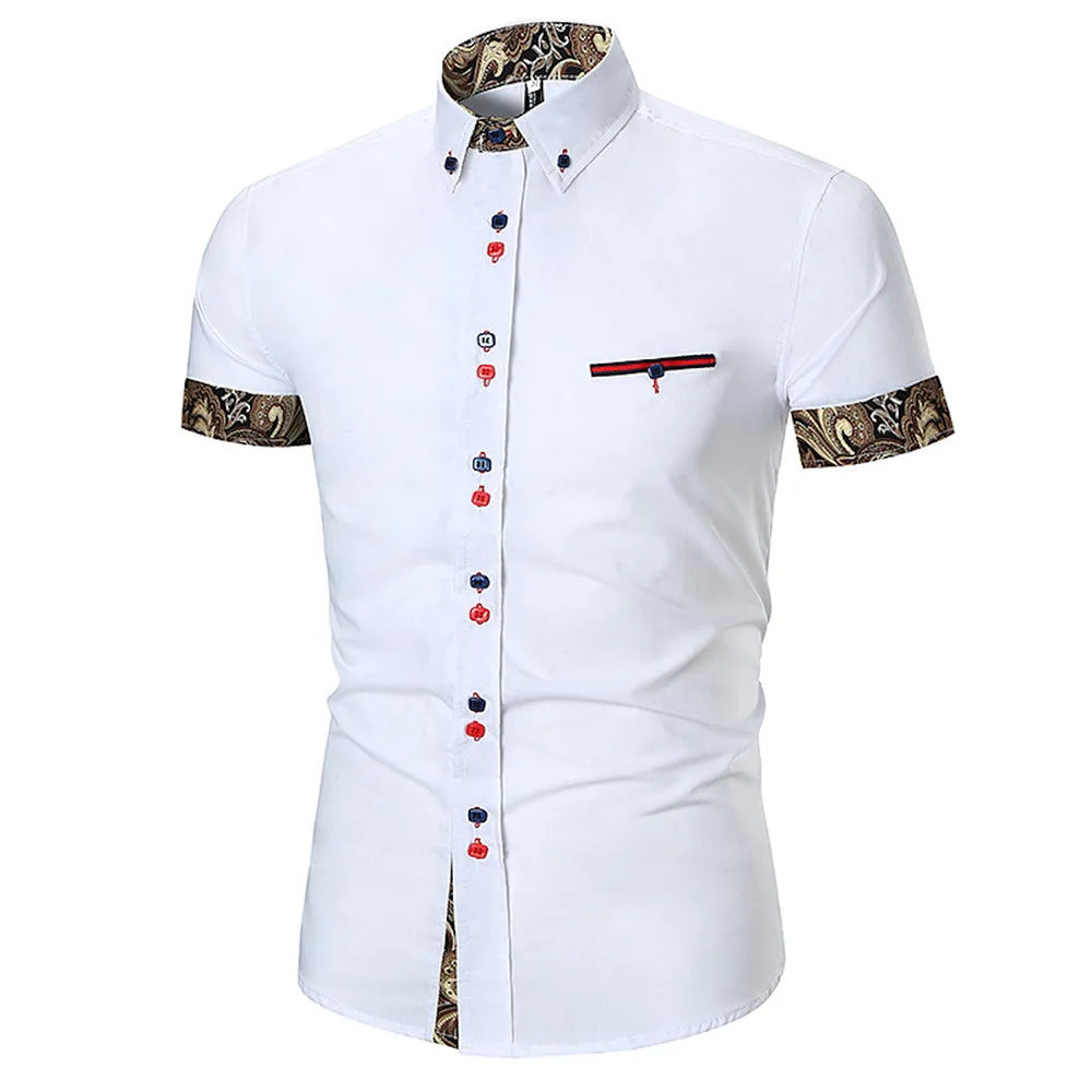 Men's Button down Tailor Fit Soft 100% Cotton Short Sleeve Dress Shirt White with Black Gold Paisley check casual And Formal