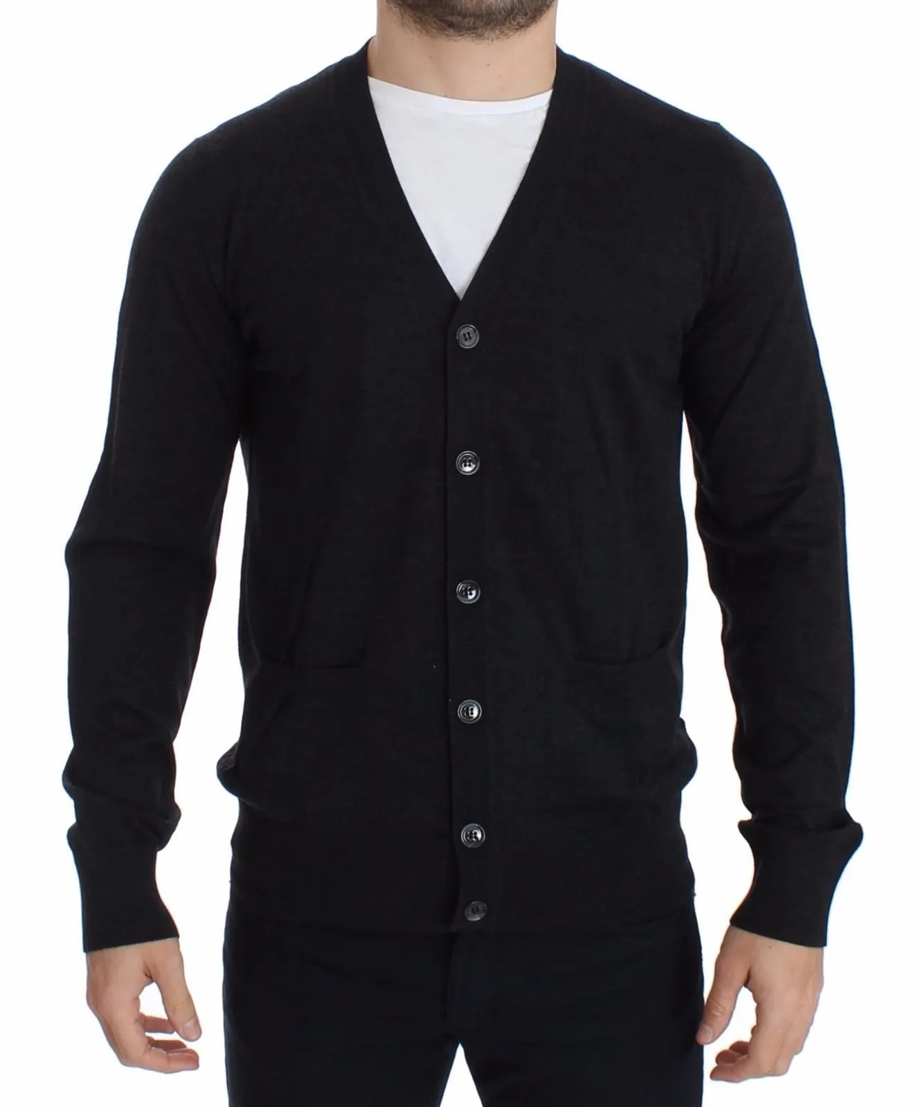 Mens Gray Wool Cardigan Sweater Pullover Top