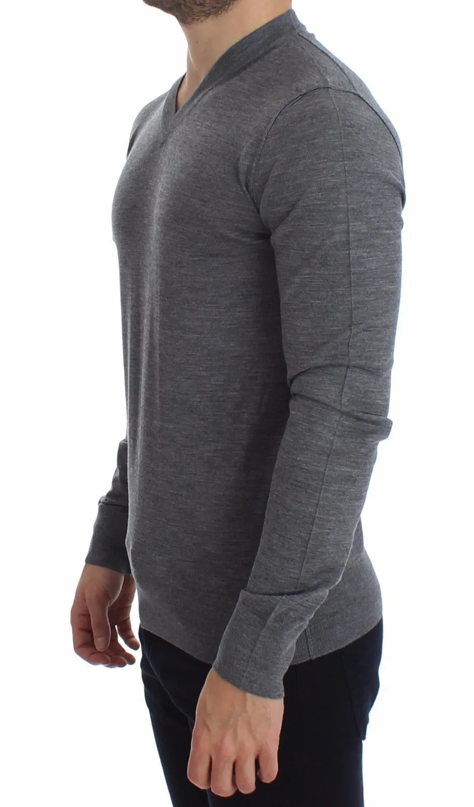 Mens Gray Wool V-neck Sweater Pullover Top