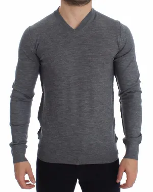 Mens Gray Wool V-neck Sweater Pullover Top