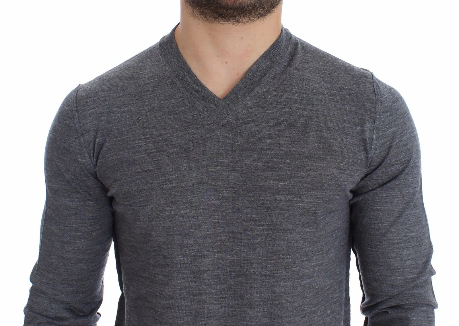 Mens Gray Wool V-neck Sweater Pullover Top