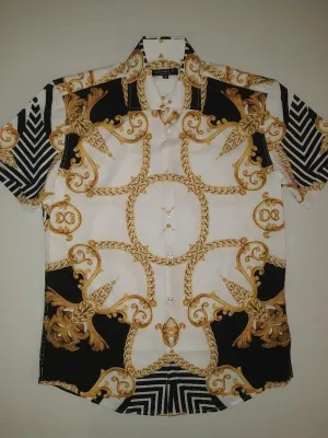 Men's Short sleeve Gold Chain Pattern White/Black Button Down