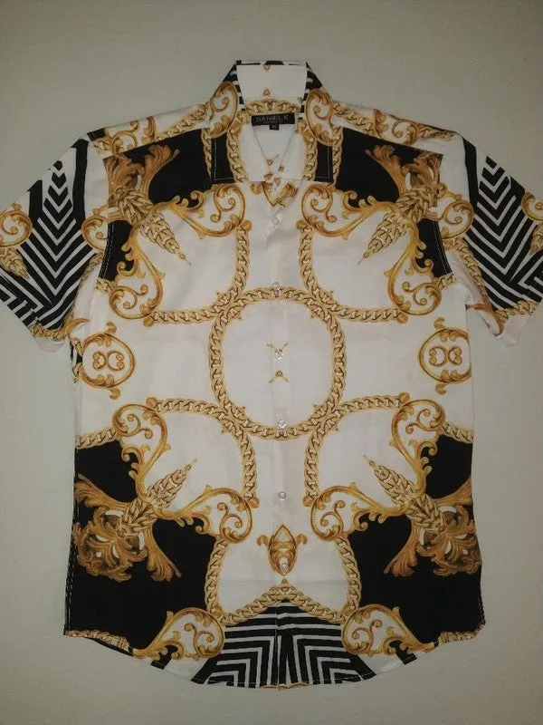 Men's Short sleeve Gold Chain Pattern White/Black Button Down