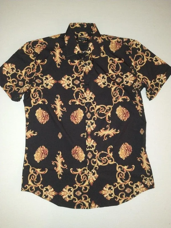 Men's Short Sleeve Lion Head Black/Gold Button Down