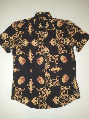 Men's Short Sleeve Lion Head Black/Gold Button Down