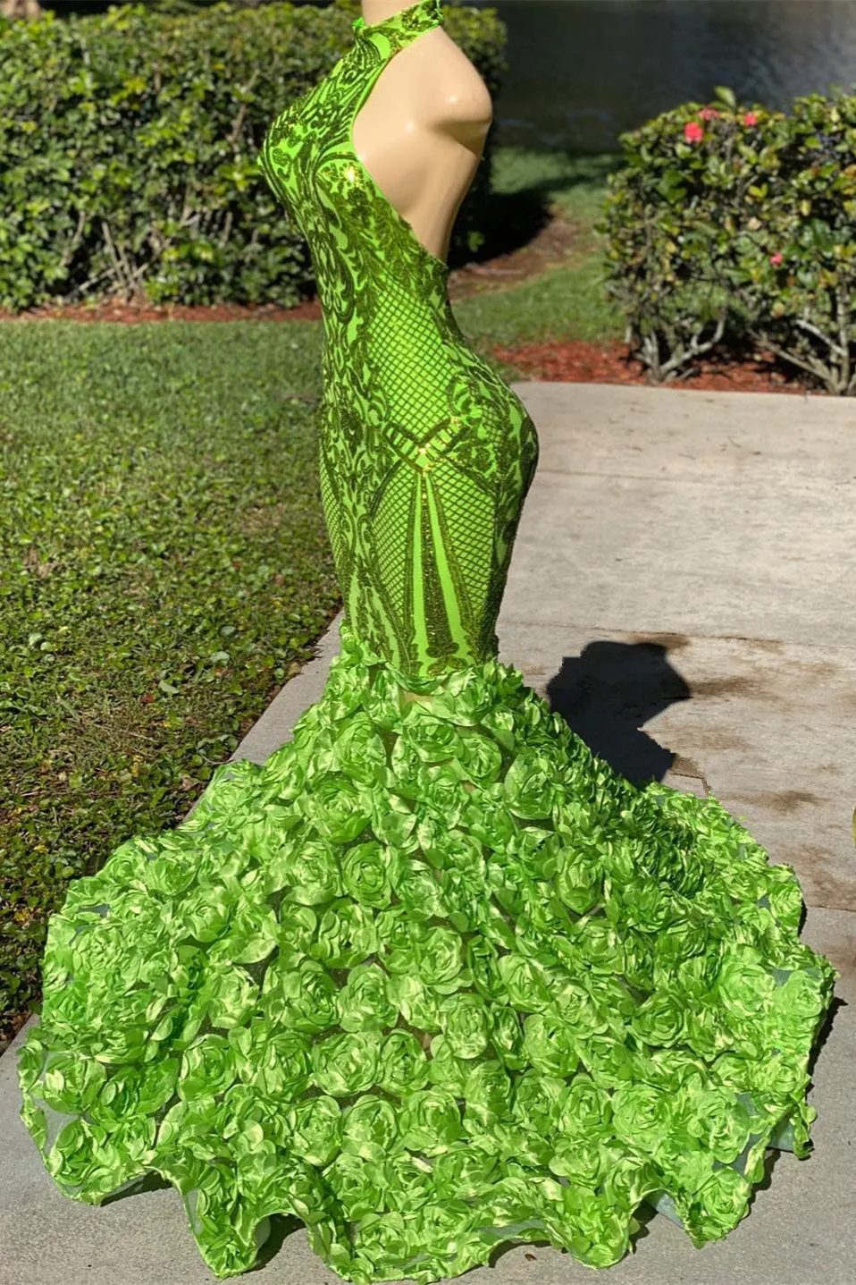 Mermaid High Neck Appliques Lace Sequined Open Back Floor-length Sleeveless Prom Dress