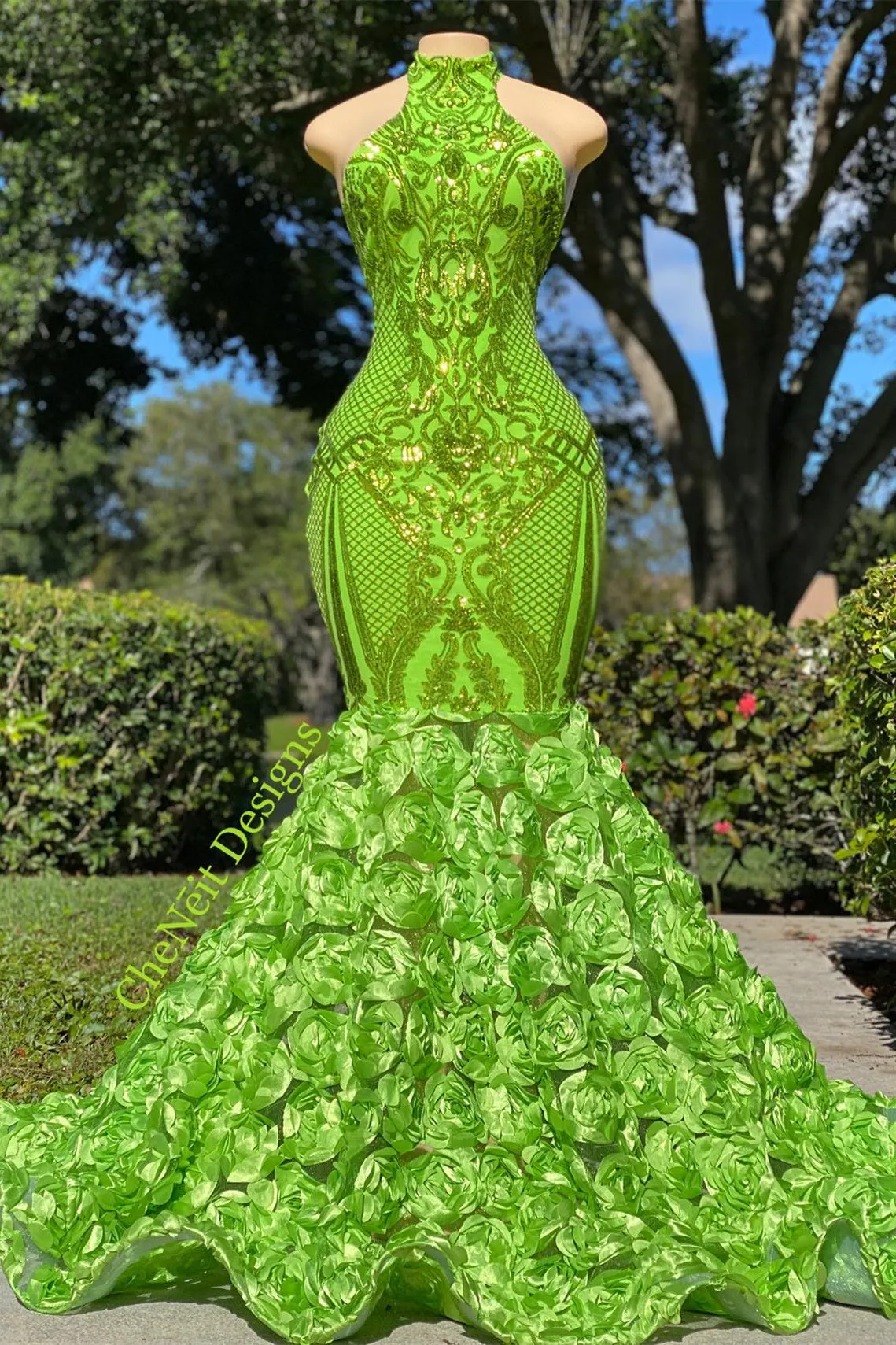 Mermaid High Neck Appliques Lace Sequined Open Back Floor-length Sleeveless Prom Dress