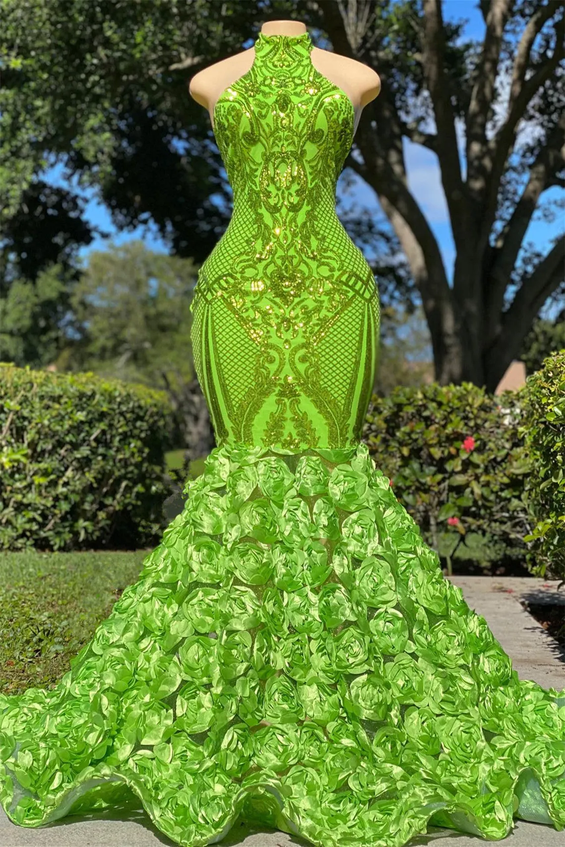 Mermaid High Neck Appliques Lace Sequined Open Back Floor-length Sleeveless Prom Dress