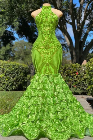 Mermaid High Neck Appliques Lace Sequined Open Back Floor-length Sleeveless Prom Dress