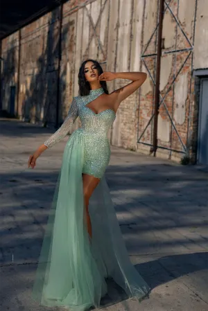 Mermaid High Neck Lace Sequined Mini One Shoulder Beaded Prom Dress With Side Train