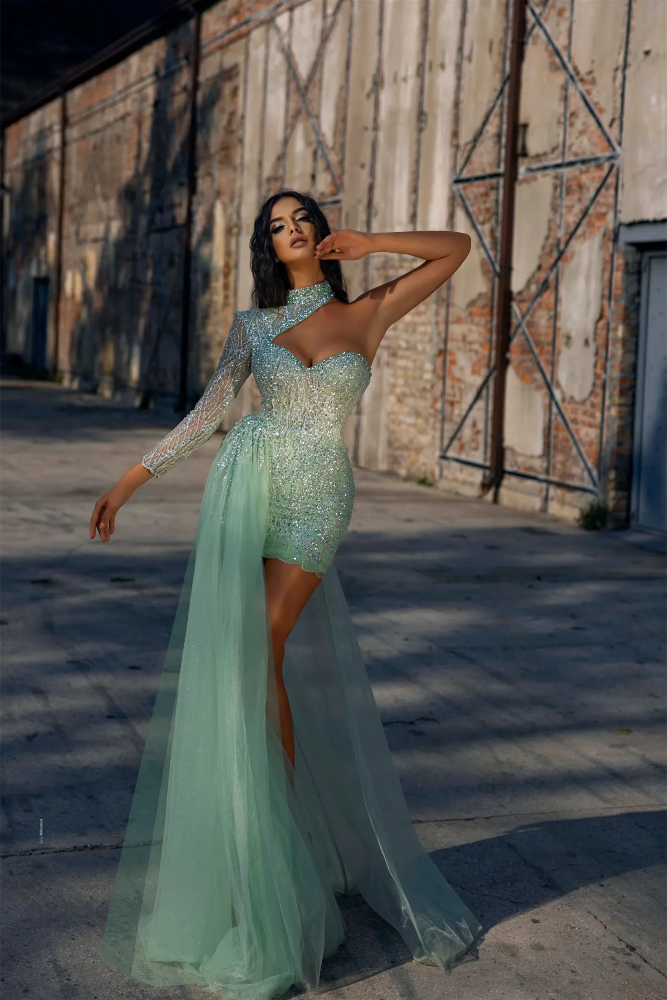 Mermaid High Neck Lace Sequined Mini One Shoulder Beaded Prom Dress With Side Train